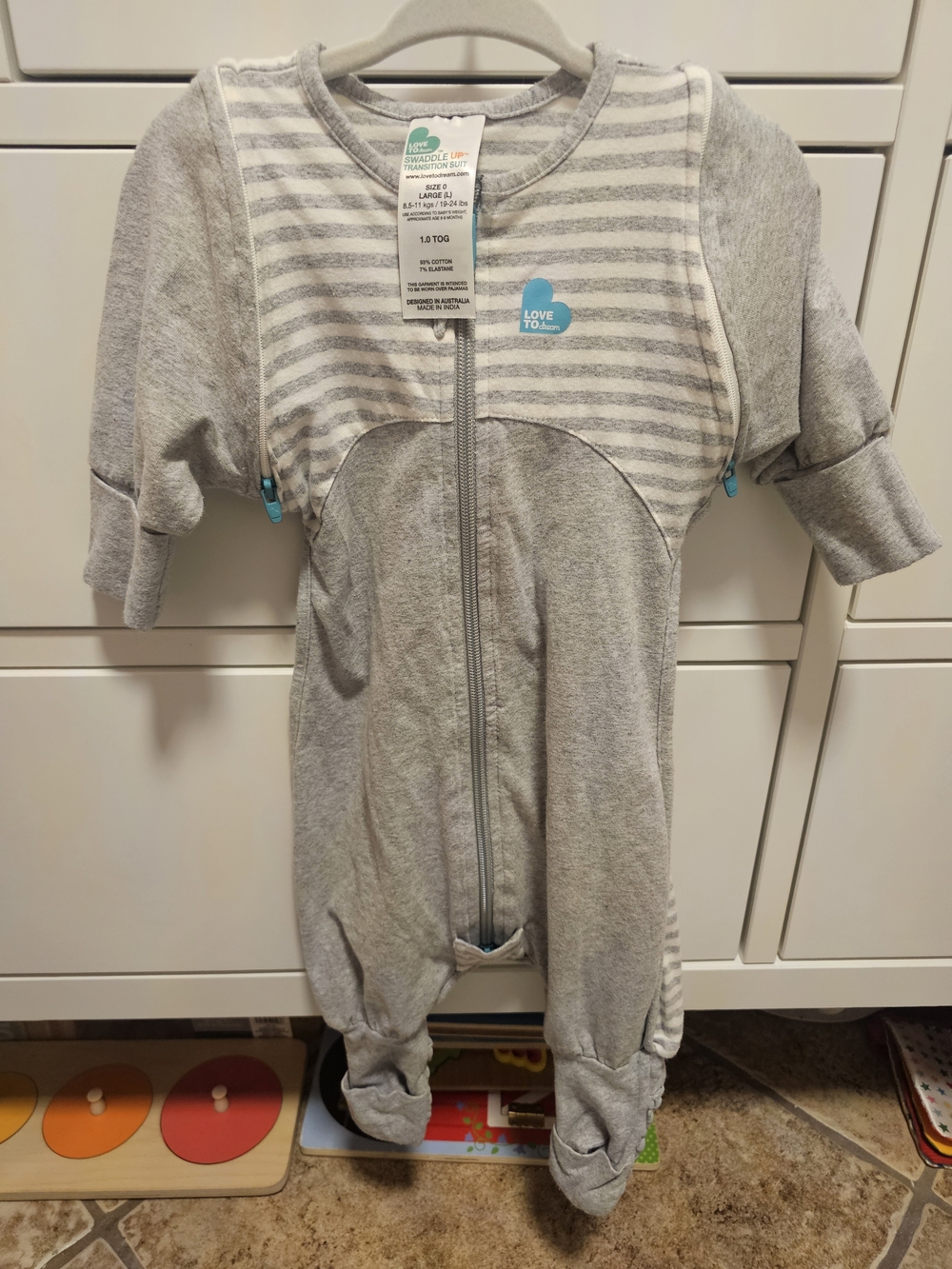 Love To Dream Swaddle UP Transition Suit Size L/0 Grey Stripe 1.0 TOG